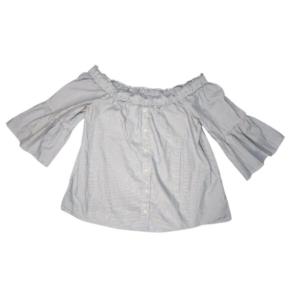 Abercrombie & Fitch Top Womens Small White Blue Pin Stripe Off Shoulder Ruffle - Picture 1 of 7